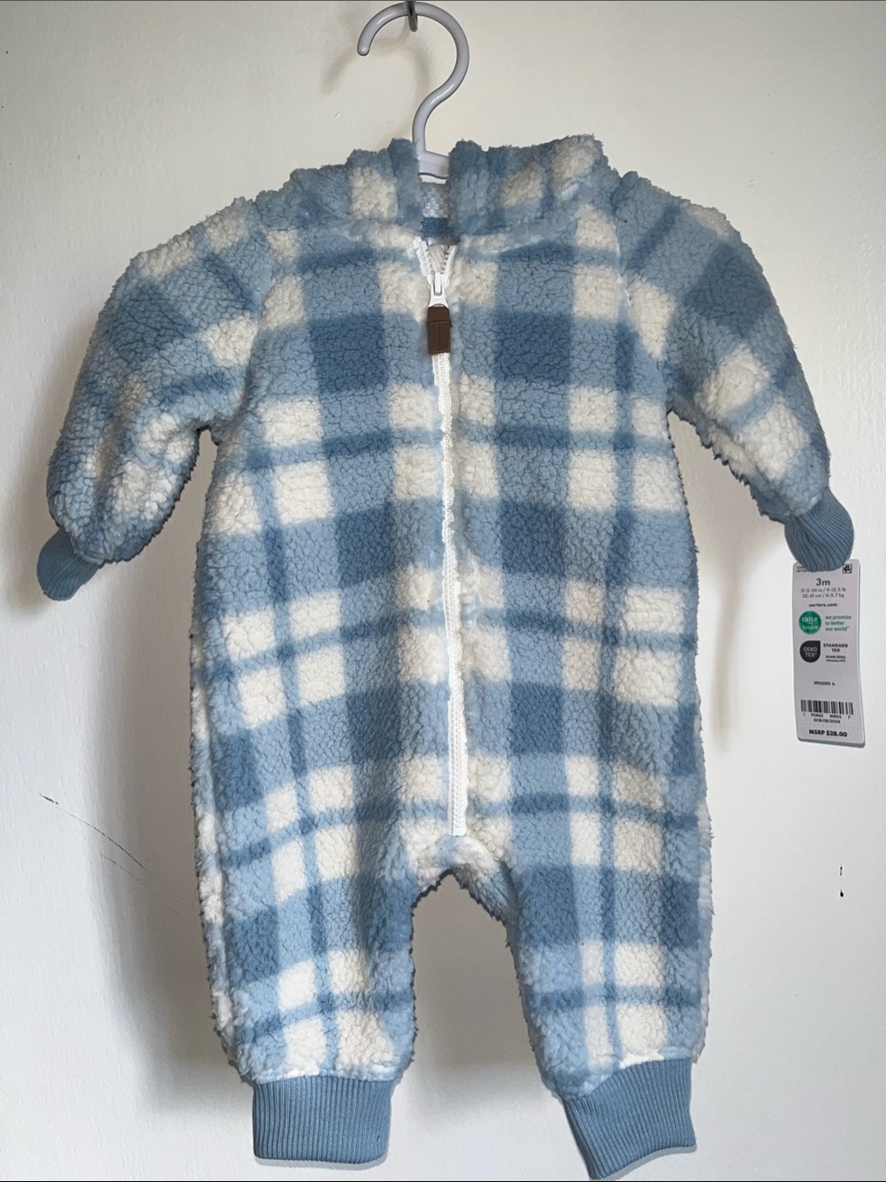 Carters Cozy Blue Plaid Sherpa One-Piece Zipper Bear Ears